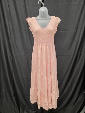 Womens Maxi Summer Dress V Neck Cap Sleeve Dresses Ruffle Pink,S